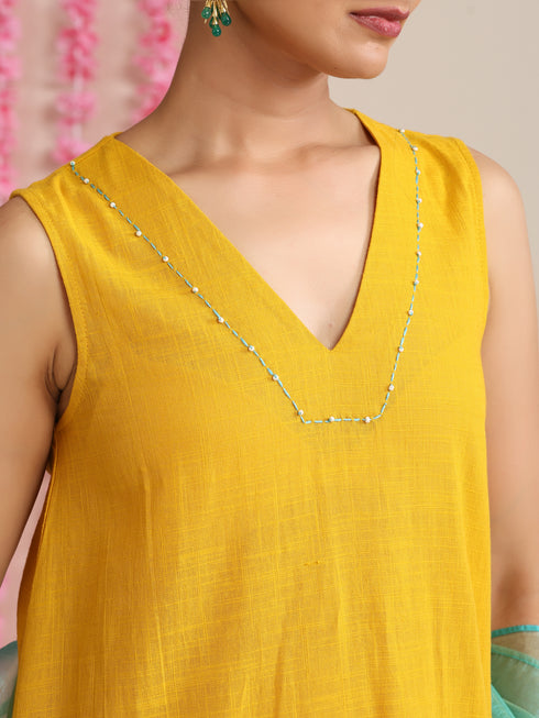 Women’s Yellow Cotton Slub Sleeveless Kurta with Embroidery, Pyjama & Metallic Blue Dupatta | 3 Pc Summer Festive Set