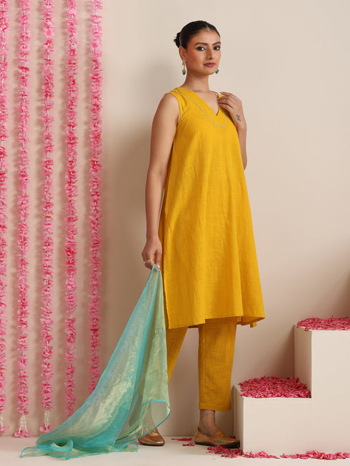 Women’s Yellow Cotton Slub Sleeveless Kurta with Embroidery, Pyjama & Metallic Blue Dupatta | 3 Pc Summer Festive Set