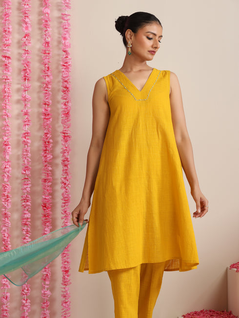Women’s Yellow Cotton Slub Sleeveless Kurta with Embroidery, Pyjama & Metallic Blue Dupatta | 3 Pc Summer Festive Set
