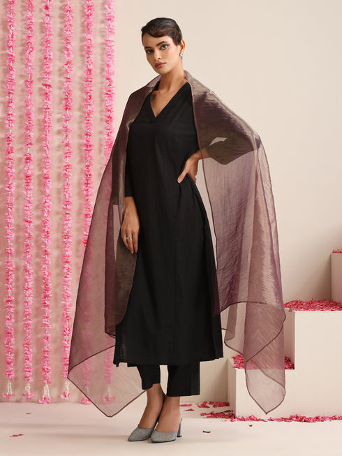 Women’s Black Cotton Slub Kurta & Pyjama Set with Metallic Purple Dupatta | 3 Pc Classic Ethnic Festive Wear
