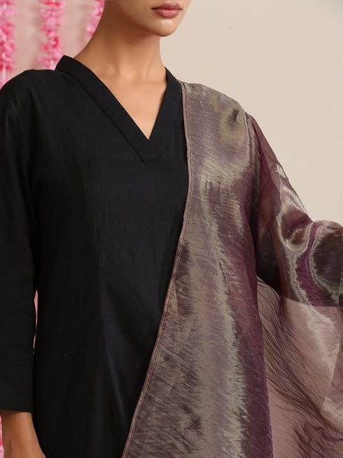 Women’s Black Cotton Slub Kurta & Pyjama Set with Metallic Purple Dupatta | 3 Pc Classic Ethnic Festive Wear