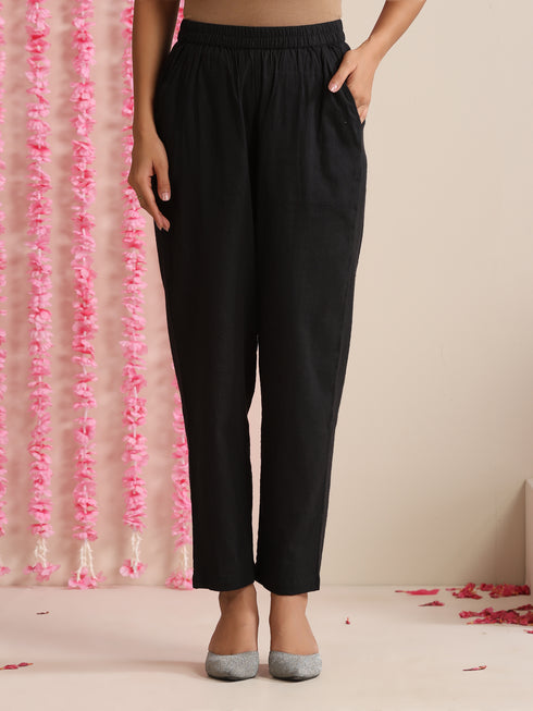 Women’s Black Cotton Slub Sleeveless Kurta with Bronze Neck Stripes, Pyjama & Net Dupatta | 3 Pc Elegant Ethnic Set