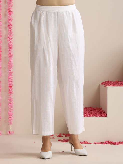 Women’s White Cotton Slub Kurta & Pyjama Set with Neon-Pink Net Dupatta | 3 Pc Modern Ethnic Look
