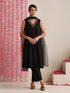 Women’s Black Cotton Slub Sleeveless Kurta with Bronze Neck Stripes, Pyjama & Net Dupatta | 3 Pc Elegant Ethnic Set