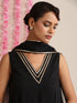 Women’s Black Cotton Slub Sleeveless Kurta with Bronze Neck Stripes, Pyjama & Net Dupatta | 3 Pc Elegant Ethnic Set