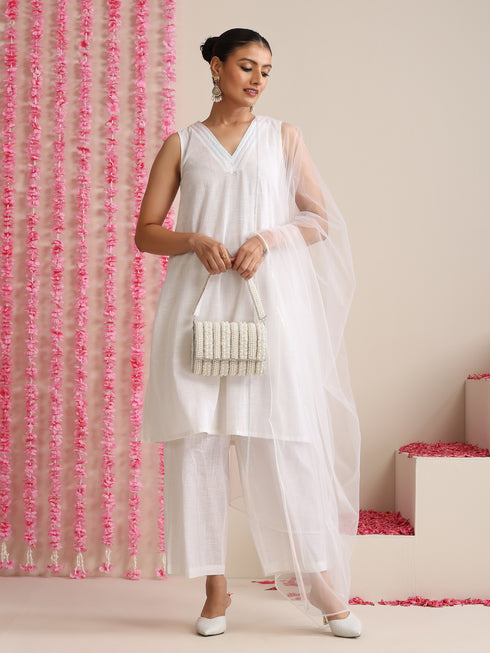 Women’s White Cotton Slub Sleeveless Kurta with Neck Stripes, Pyjama & Net Dupatta | 3 Pc Elegant Ethnic Set