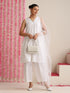 Women’s White Cotton Slub Sleeveless Kurta with Neck Stripes, Pyjama & Net Dupatta | 3 Pc Elegant Ethnic Set
