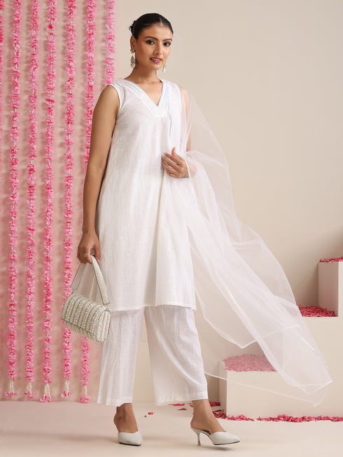 Women’s White Cotton Slub Sleeveless Kurta with Neck Stripes, Pyjama & Net Dupatta | 3 Pc Elegant Ethnic Set