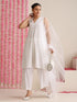 Women’s White Cotton Slub Sleeveless Kurta with Neck Stripes, Pyjama & Net Dupatta | 3 Pc Elegant Ethnic Set