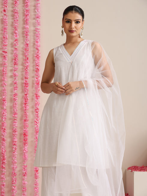 Women’s White Cotton Slub Sleeveless Kurta with Neck Stripes, Pyjama & Net Dupatta | 3 Pc Elegant Ethnic Set