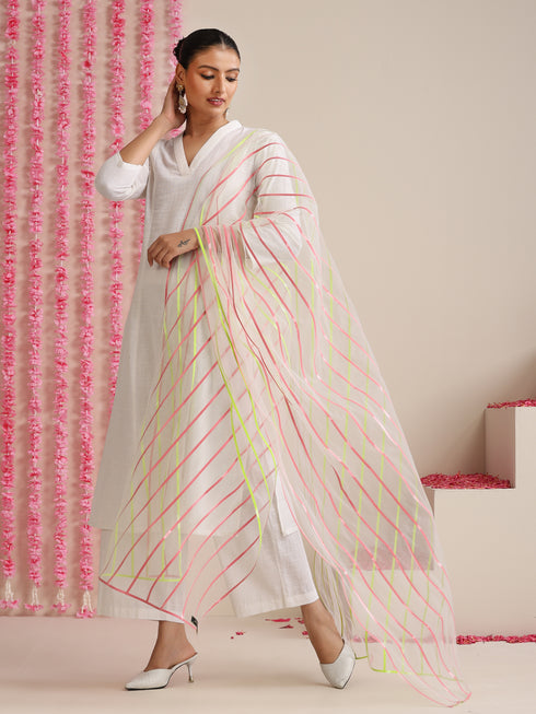 Women’s White Cotton Slub Kurta & Pyjama Set with Neon-Pink Net Dupatta | 3 Pc Modern Ethnic Look