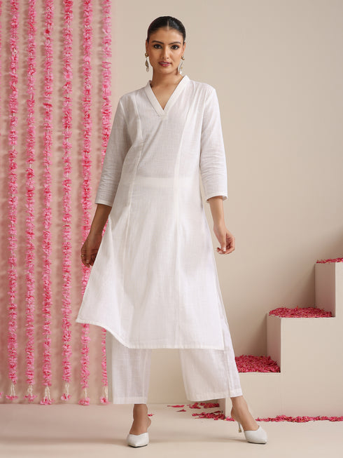 White Cotton Slub Kurta Set for Women | 2 Pc Co-ord with V-Neck & Flared Hem
