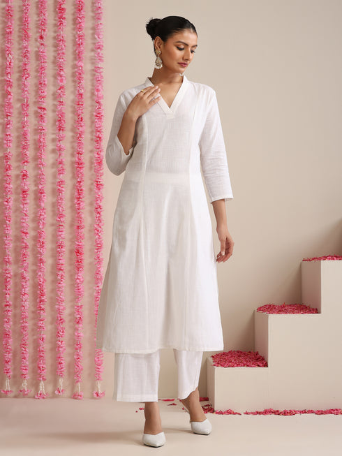 White Cotton Slub Kurta Set for Women | 2 Pc Co-ord with V-Neck & Flared Hem