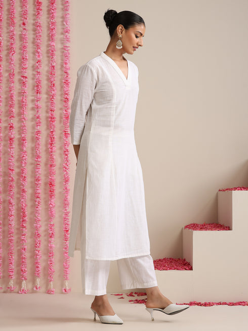 White Cotton Slub Kurta Set for Women | 2 Pc Co-ord with V-Neck & Flared Hem