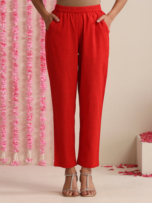 Red Cotton Slub Kurta Set for Women | 2 Pc Festive Co-ord with Pyjama