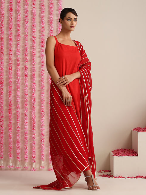 Women’s Red Strappy Kurta Set with Gold Net Dupatta | 3 Pc Festive Cotton Co-ord