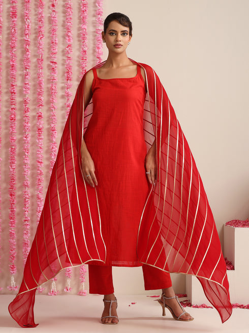 Women’s Red Strappy Kurta Set with Gold Net Dupatta | 3 Pc Festive Cotton Co-ord