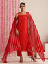 Women’s Red Strappy Kurta Set with Gold Net Dupatta | 3 Pc Festive Cotton Co-ord