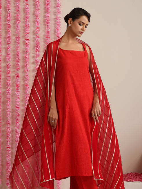 Women’s Red Strappy Kurta Set with Gold Net Dupatta | 3 Pc Festive Cotton Co-ord