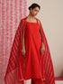 Women’s Red Strappy Kurta Set with Gold Net Dupatta | 3 Pc Festive Cotton Co-ord