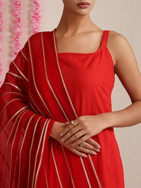 Women’s Red Strappy Kurta Set with Gold Net Dupatta | 3 Pc Festive Cotton Co-ord