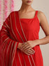 Women’s Red Strappy Kurta Set with Gold Net Dupatta | 3 Pc Festive Cotton Co-ord