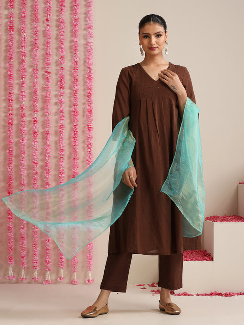 Chocolate Brown Cotton Slub Kurta Set | 2 Pc Hand-Beaded Ethnic Co-ord for Women