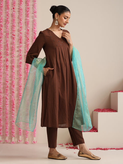 Women’s Chocolate Brown Hand-Beaded Kurta Set with Metallic Blue Dupatta | 3 Pc Ethnic Festive Ensemble