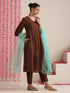 Women’s Chocolate Brown Hand-Beaded Kurta Set with Metallic Blue Dupatta | 3 Pc Ethnic Festive Ensemble