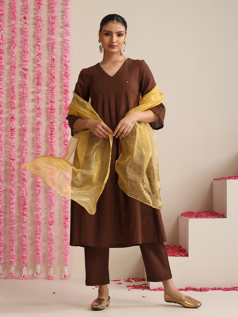 Chocolate Brown Cotton Slub Kurta Set | 2 Pc Hand-Beaded Ethnic Co-ord for Women