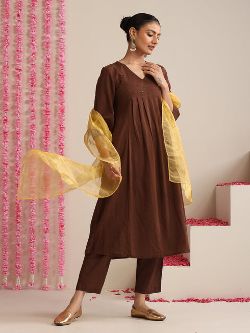 Chocolate Brown Cotton Slub Kurta Set | 3 Pc Hand-Beaded Co-ord with Yellow Metallic Dupatta