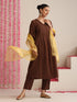 Chocolate Brown Cotton Slub Kurta Set | 3 Pc Hand-Beaded Co-ord with Yellow Metallic Dupatta