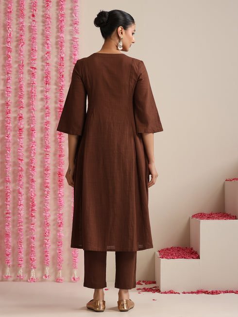 Chocolate Brown Cotton Slub Kurta Set | 3 Pc Hand-Beaded Co-ord with Yellow Metallic Dupatta