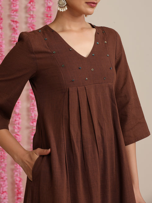 Chocolate Brown Cotton Slub Kurta Set | 2 Pc Hand-Beaded Ethnic Co-ord for Women