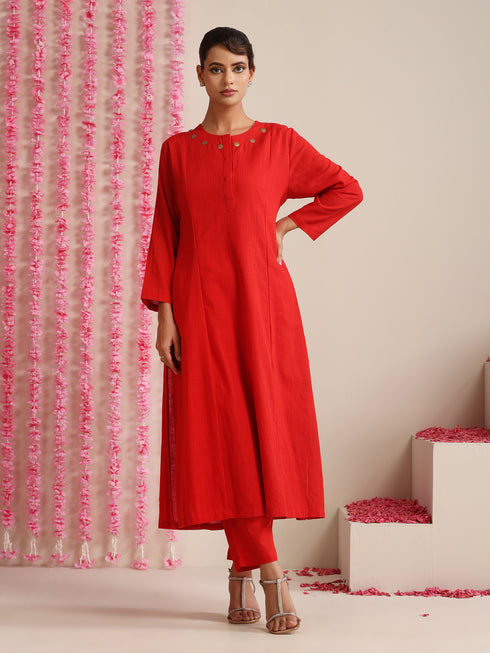 Red Cotton Slub Kurta Set for Women | 2 Pc Festive Co-ord with Pyjama