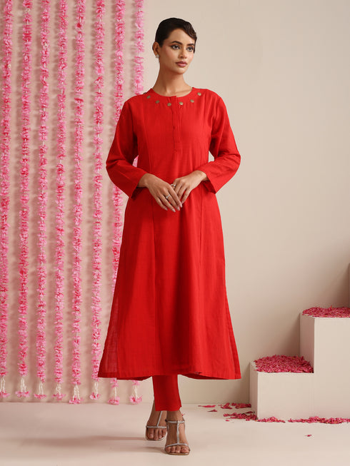 Red Cotton Slub Kurta Set for Women | 2 Pc Festive Co-ord with Pyjama