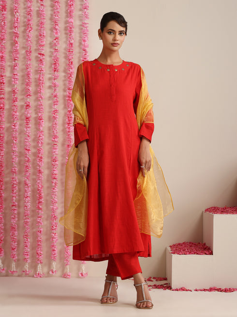 Women’s Red Cotton Slub Kurta, Pyjama & Metallic Yellow Dupatta | 3 Pc Ethnic Festive Set