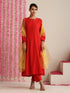 Women’s Red Cotton Slub Kurta, Pyjama & Metallic Yellow Dupatta | 3 Pc Ethnic Festive Set