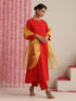 Women’s Red Cotton Slub Kurta, Pyjama & Metallic Yellow Dupatta | 3 Pc Ethnic Festive Set