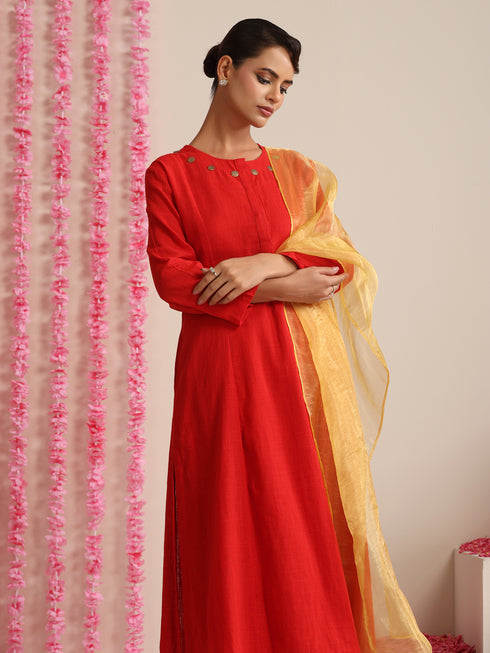 Women’s Red Cotton Slub Kurta, Pyjama & Metallic Yellow Dupatta | 3 Pc Ethnic Festive Set