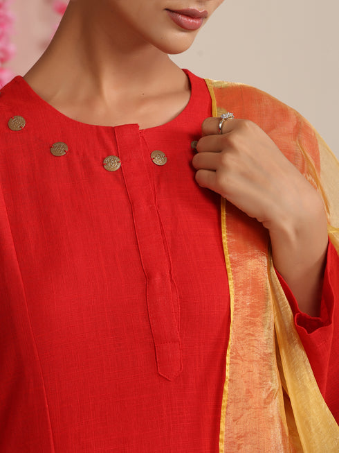 Women’s Red Cotton Slub Kurta, Pyjama & Metallic Yellow Dupatta | 3 Pc Ethnic Festive Set