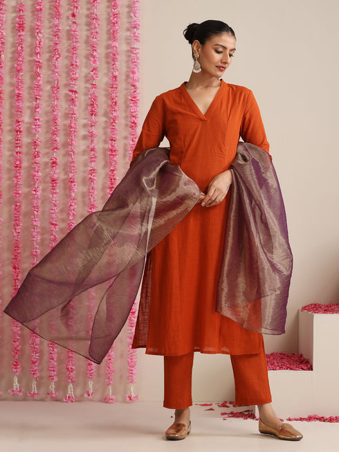 Women’s Terracotta Cotton Slub Kurta & Pyjama Set with Metallic Purple Dupatta | 3 Pc Festive Ethnic Ensemble