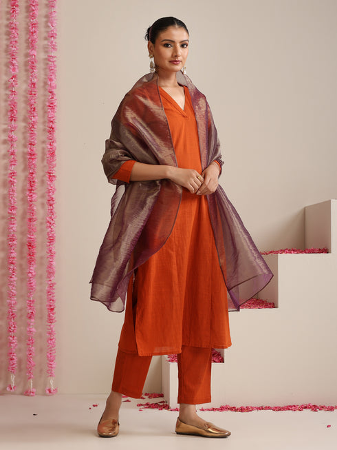 Women’s Terracotta Cotton Slub Kurta & Pyjama Set with Metallic Purple Dupatta | 3 Pc Festive Ethnic Ensemble