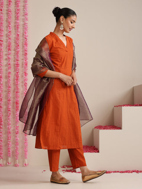Women’s Terracotta Cotton Slub Kurta & Pyjama Set with Metallic Purple Dupatta | 3 Pc Festive Ethnic Ensemble