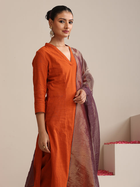 Women’s Terracotta Cotton Slub Kurta & Pyjama Set with Metallic Purple Dupatta | 3 Pc Festive Ethnic Ensemble