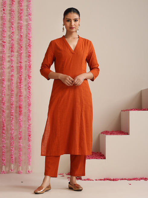 Terracotta Cotton Slub Kurta Set for Women | 2 Pc Co-ord with V-Neck & Straight Fit