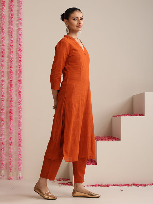 Terracotta Cotton Slub Kurta Set for Women | 2 Pc Co-ord with V-Neck & Straight Fit