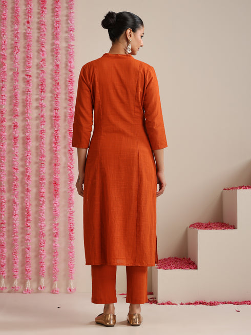 Terracotta Cotton Slub Kurta Set for Women | 2 Pc Co-ord with V-Neck & Straight Fit
