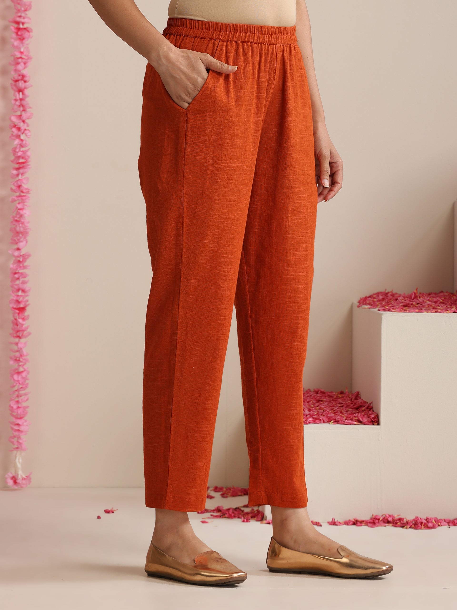Terracotta Cotton Slub Kurta Set for Women | 2 Pc Co-ord with V-Neck & Straight Fit