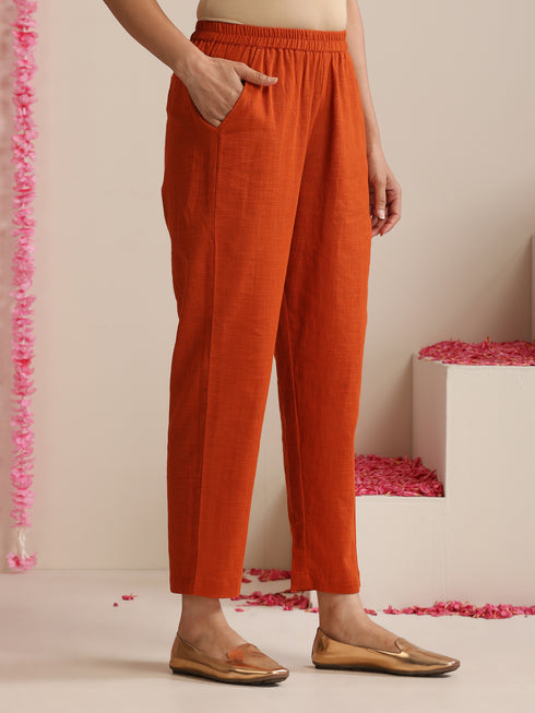 Terracotta Cotton Slub Kurta Set for Women | 2 Pc Co-ord with V-Neck & Straight Fit